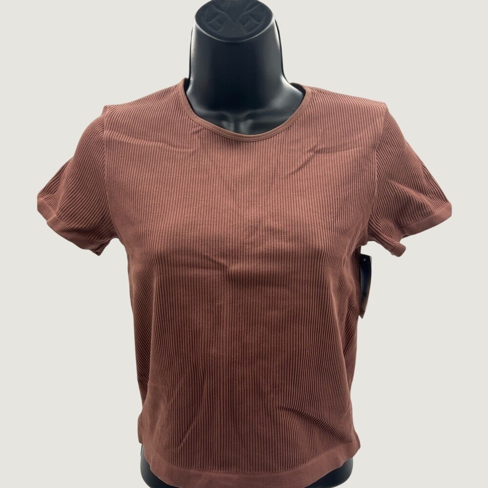 Abound Womens Ribbed Short Sleeve Crew Neck Tee Brown M/L  NEW